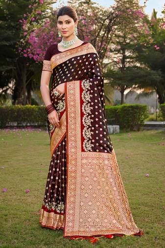 Sangam prints brown stain silk woven work traditional tassels saree