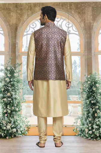 Purple art silk jacket kurta for men's