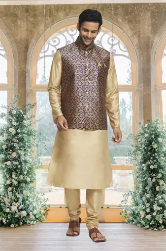 Purple art silk jacket kurta for men's