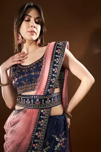 Blue Pink Embroidered Semi Stitched Lehenga Choli