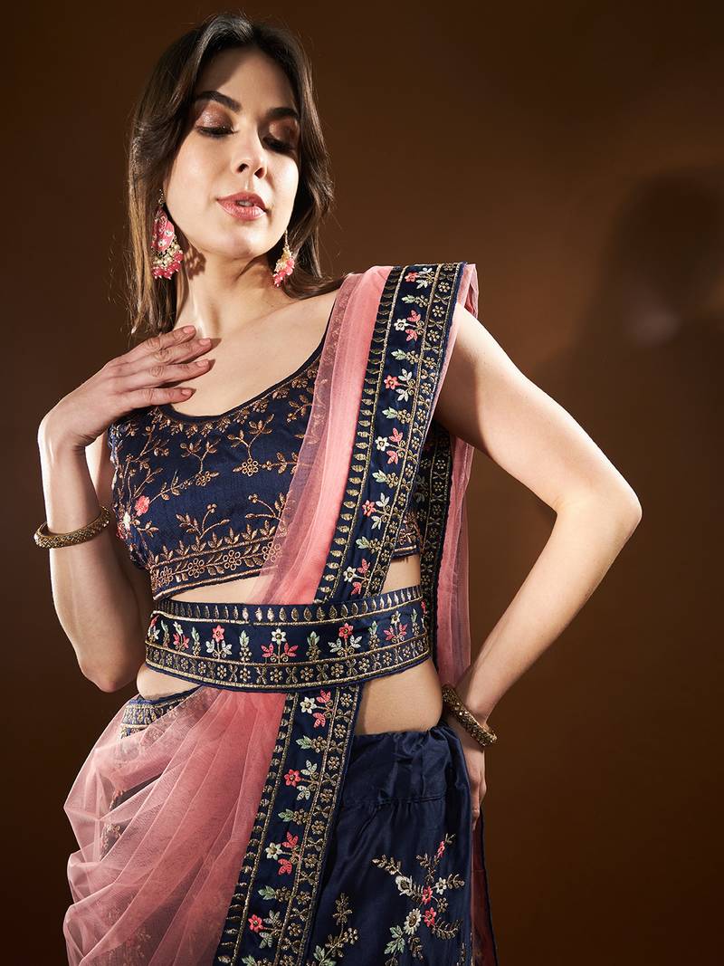 Blue Pink Embroidered Semi Stitched Lehenga Choli