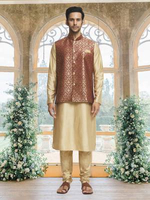 Maroon art silk jacket kurta for men's 1