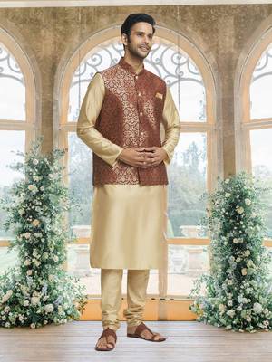 Maroon art silk jacket kurta for men's 2