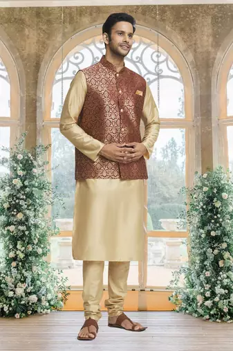 Maroon art silk jacket kurta for men's