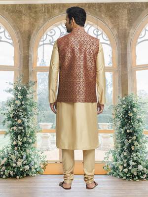 Maroon art silk jacket kurta for men's 3