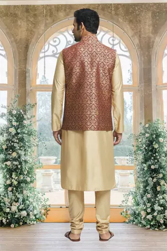 Maroon art silk jacket kurta for men's