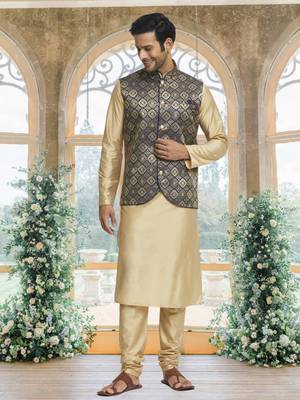 Black art silk jacket kurta for men's 3