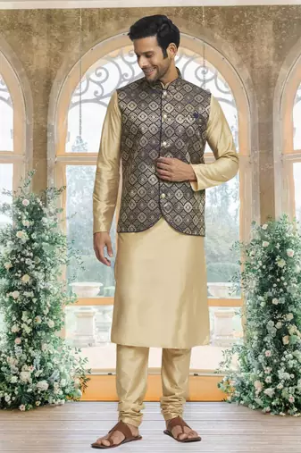 Black art silk jacket kurta for men's