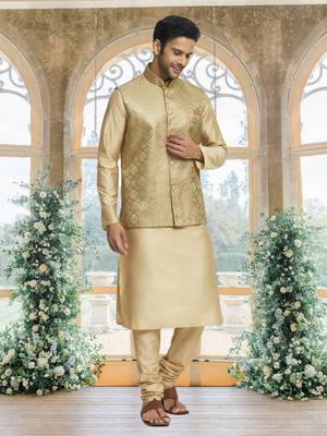 Gold art silk jacket kurta for men's 2