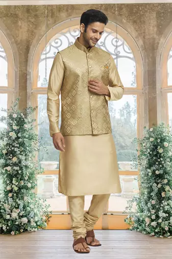 Gold art silk jacket kurta for men's
