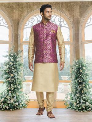 Magenta art silk jacket kurta for men's 1