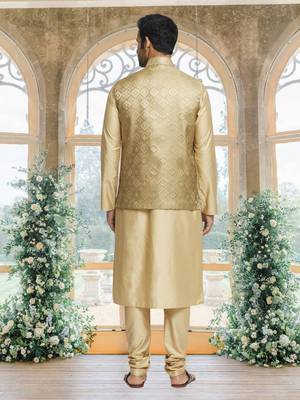 Gold art silk jacket kurta for men's 3