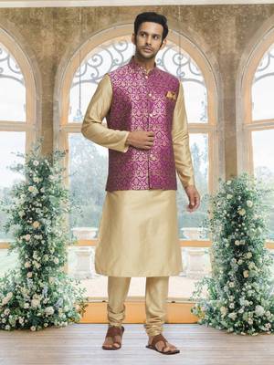 Magenta art silk jacket kurta for men's 2