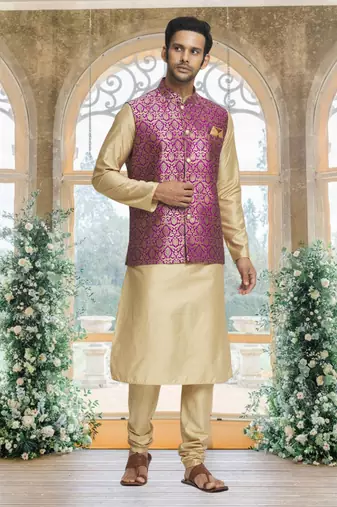 Magenta art silk jacket kurta for men's