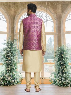 Magenta art silk jacket kurta for men's 4