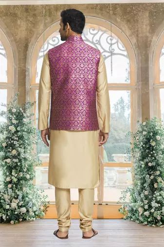 Magenta art silk jacket kurta for men's