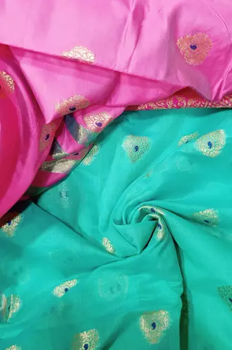 Aqua Blue Jacquard Cotton Blend Woven Maheshwari Saree With Blouse Piece