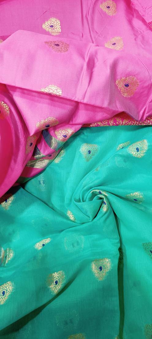 Aqua Blue Jacquard Cotton Blend Woven Maheshwari Saree With Blouse Piece