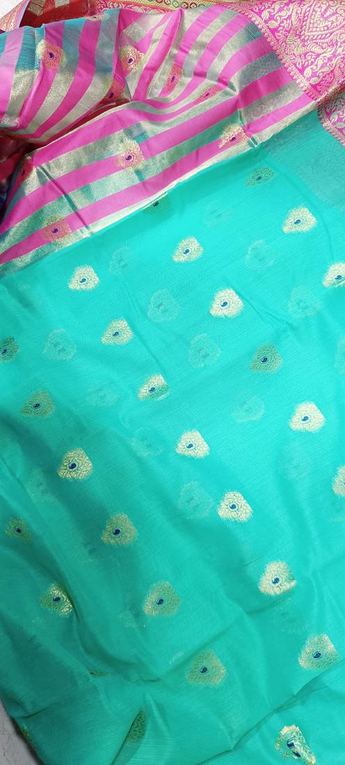 Aqua Blue Jacquard Cotton Blend Woven Maheshwari Saree With Blouse Piece