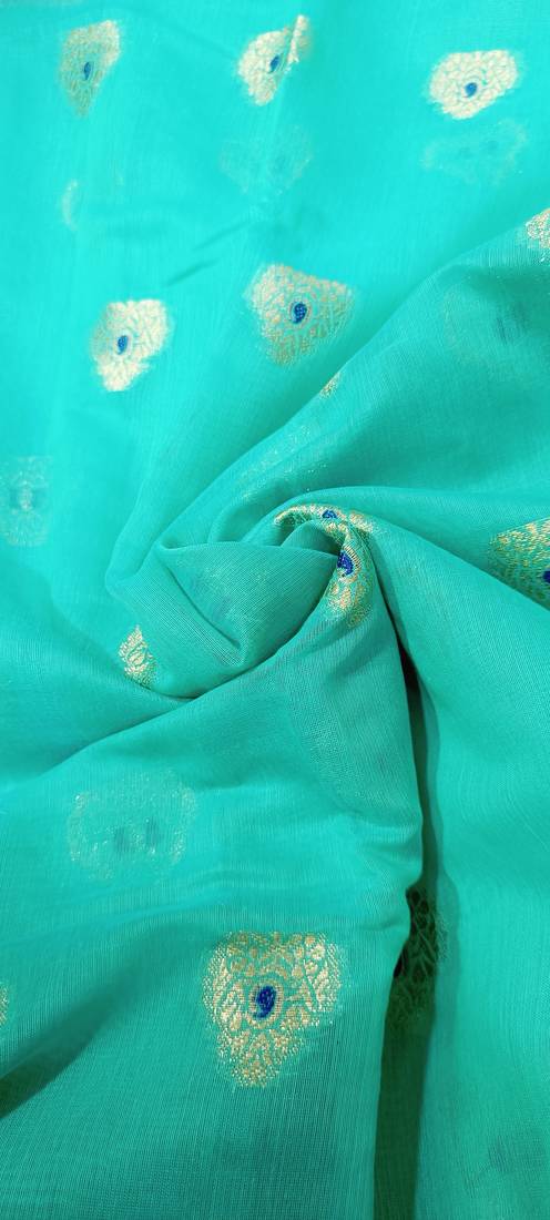 Aqua Blue Jacquard Cotton Blend Woven Maheshwari Saree With Blouse Piece