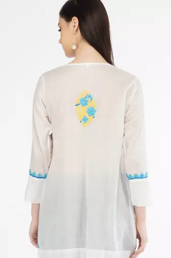 Vahson women's cotton mulmul hand embroidered short lucknowi chikankari kurti white