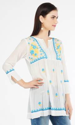 s cotton mulmul hand embroidered short lucknowi chikankari kurti white 4