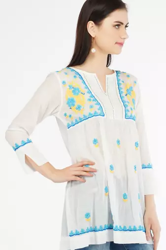 Vahson women's cotton mulmul hand embroidered short lucknowi chikankari kurti white