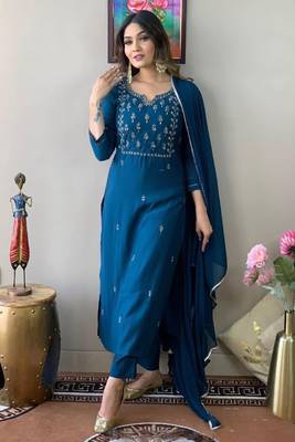 Ocean blue rayon slub thread zari embroidery work kurta pant dupatta set 1