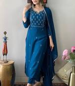 Ocean blue rayon slub thread zari embroidery work kurta pant dupatta set