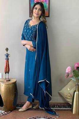 Ocean blue rayon slub thread zari embroidery work kurta pant dupatta set 3