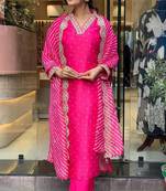 Ranipink viscose thread zari embroidery work with foil print kurta pant dupatta set