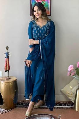 Ocean blue rayon slub thread zari embroidery work kurta pant dupatta set 5