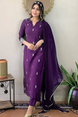 Violet rayon slub thread zari embroidery work kurta pant dupatta set 1