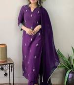 Violet rayon slub thread zari embroidery work kurta pant dupatta set