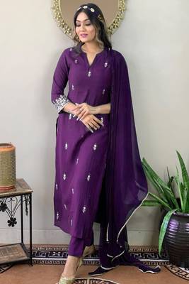 Violet rayon slub thread zari embroidery work kurta pant dupatta set 2