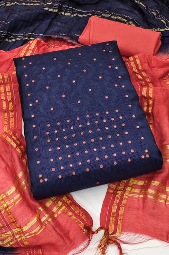 Indigo Blue Coco silk blend Hand Work Unstitched Dress Material