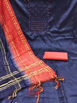 Indigo Blue Coco silk blend Hand Work Unstitched Dress Material 2