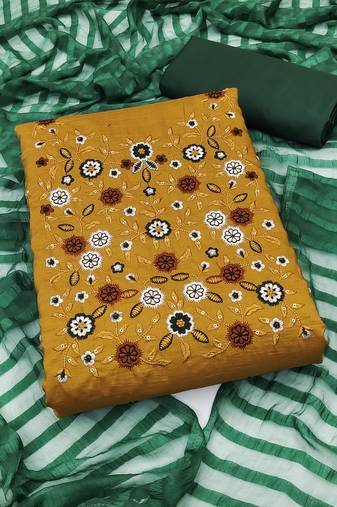 Yellow Cotton Embroidered Work Unstitched Dress Material