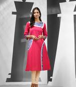 Shocking pink cotton kurta with printed patchwork