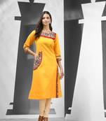 Yellow cotton kurta with kalamkari printed patchwork