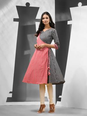 Red & black angrakha-style printed cotton kurta 1
