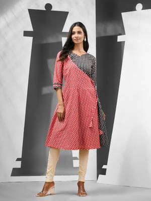 Red & black angrakha-style printed cotton kurta 2