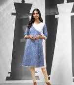 White & blue angrakha-style checkered cotton kurta