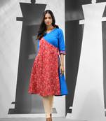 Blue & red angrakha-style printed cotton kurta