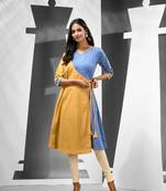 Blue & mustard yellow angrakha-style printed cotton kurta