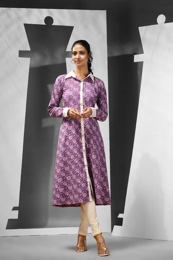 Violet cotton floral printed a-line kurta