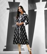Black cotton floral printed a-line kurta