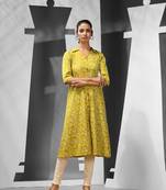 Lime green cotton floral printed a-line kurta