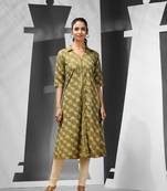 Mehendi green cotton a-line kurta with printed patterns