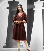 Brown cotton dress kurta with printed detailing
